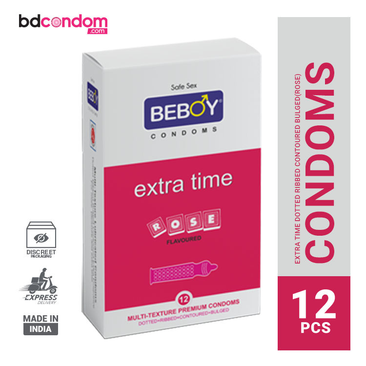 Beboy Extra Time Dotted-Ribbed-Contoured-Bulged (Rose Flavoure) Condom - 12Pcs Pack(India)