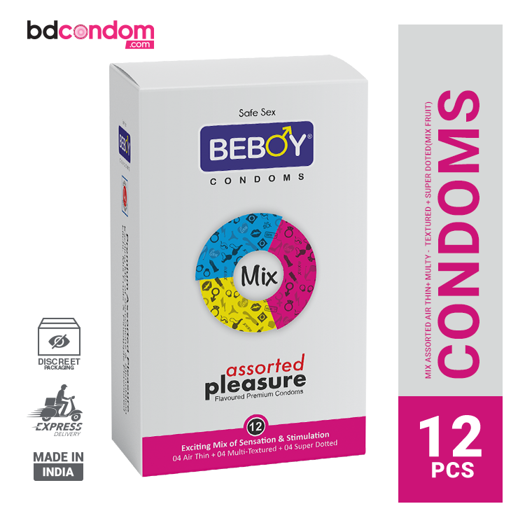 Beboy Mix Assorted Dotted-Ribbed-Contoured-Bulged (Mix Fruit Flavoure) Condom - 12Pcs Pack(India)
