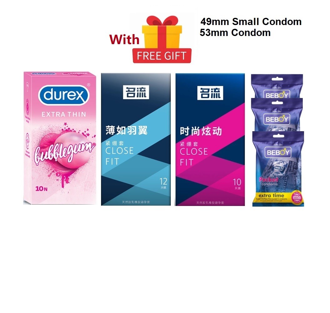 Durex Small Condom Combo = 41Pcs + Durex BubbleGum 10s + Celebrity Close Fit Small 12s + Celebrity Close Fit 49mm Dot 10s + Beboy Extra Dotted Paan 9s + Free Gift