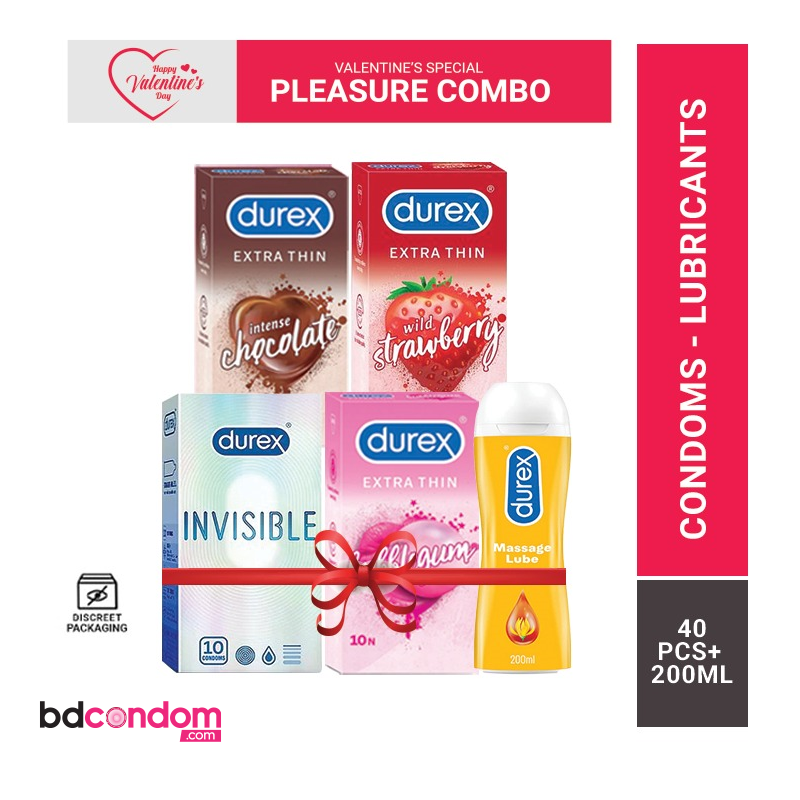Durex Condom Valentine's Combo Multi-Variant Pack 10PCSx4Packs = 40Pcs + 200ml Ylang Ylang Lubricant Gel ,Invisible, Chocolate , Bubblegum, Strawberry Condom